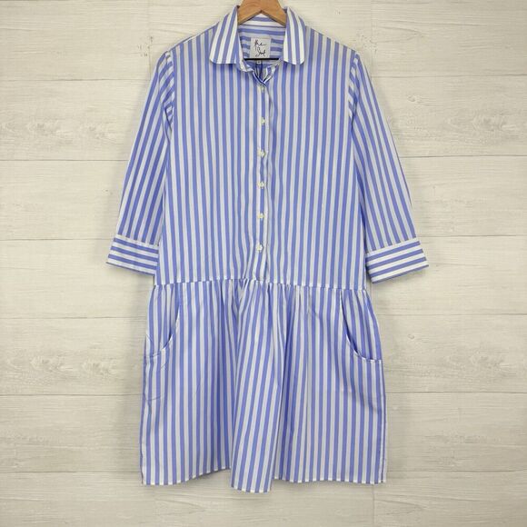 Tuckernuck The Shirt by Rochelle Behrens L Drop Waist Shirt Dress Striped Blue - Picture 2 of 16